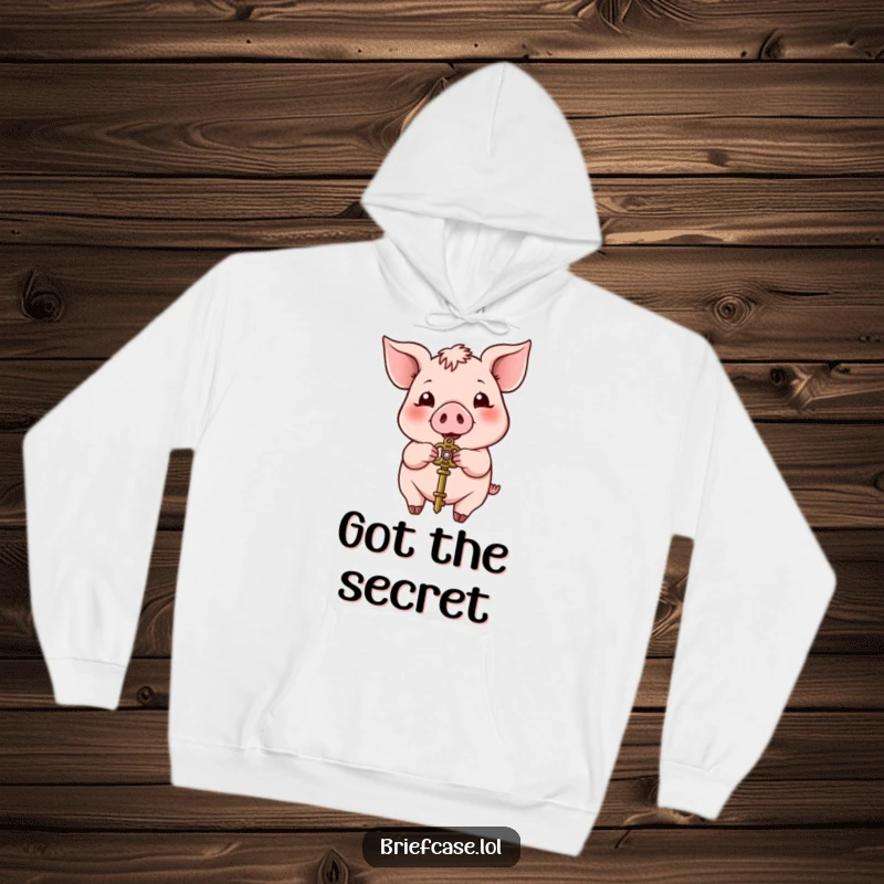 Funny pig hoodie, cheerful animal presenting a small ornate key, cozy and warm, perfect funny gift.
