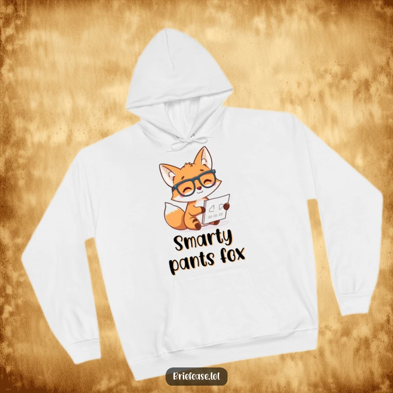 Funny hoodie depicting a cheerful fox in glasses studying a chart with a smile, ideal for cozy intellectual vibes.