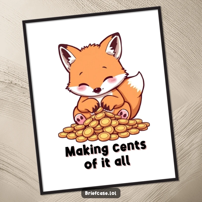 Funny Free Printable Wall Art: A playful fox diligently sorting a pile of tiny coins with its paws, creating humorous decor.
