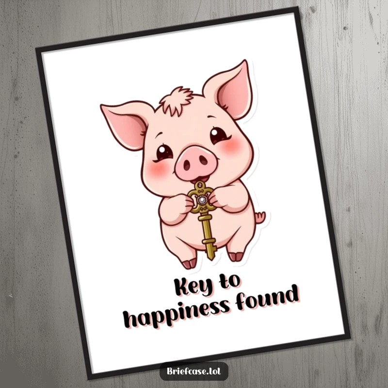 Funny Free Printable Wall Art: A happy pig eagerly presenting a small, ornate key, creating whimsical and humorous decor.