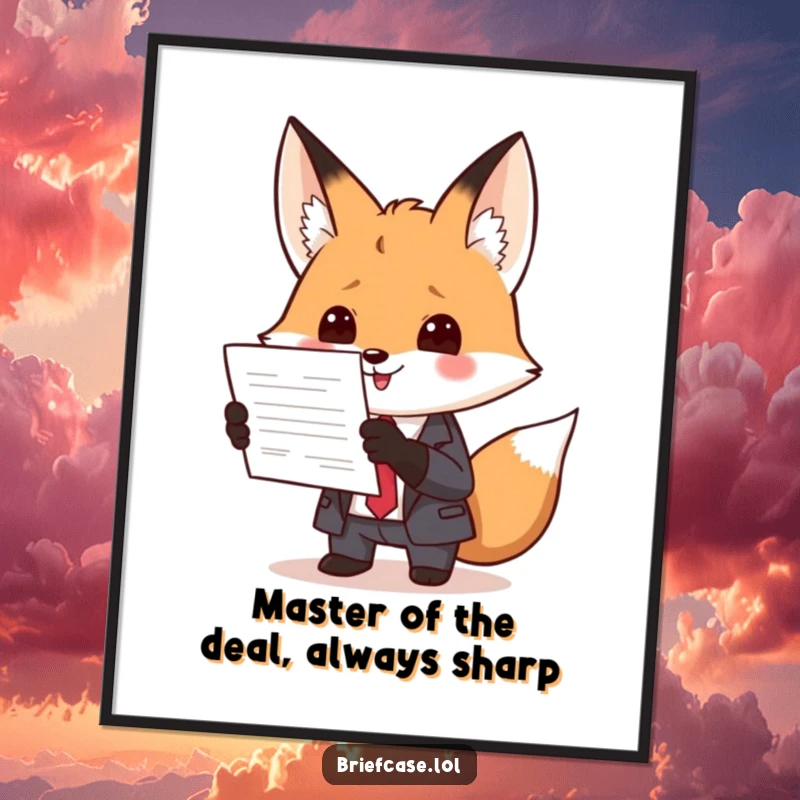 Funny Free Printable Fox in a sharp suit enthusiastically presents an important document on wall art.