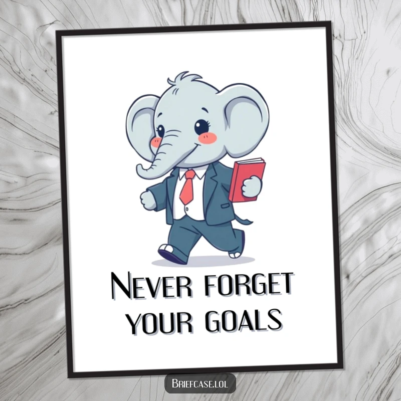 Funny free printable wall art of a happy elephant in a suit striding confidently with a folder, adding business humor to decor.