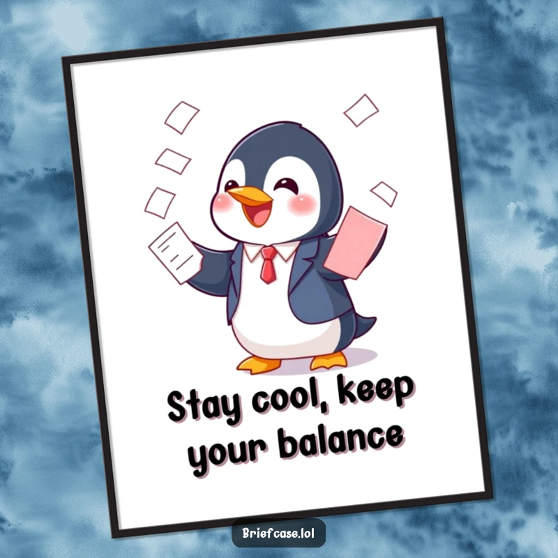 Funny Free Printable Penguin in a suit balancing papers, creating whimsical wall art.