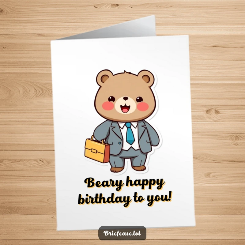Funny free printable birthday card of a cute bear in a suit joyfully holding a briefcase, celebrating with professional flair.