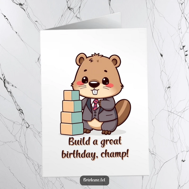 Funny Free Printable Beaver in a suit happily stacks blocks, wishing a happy birthday.