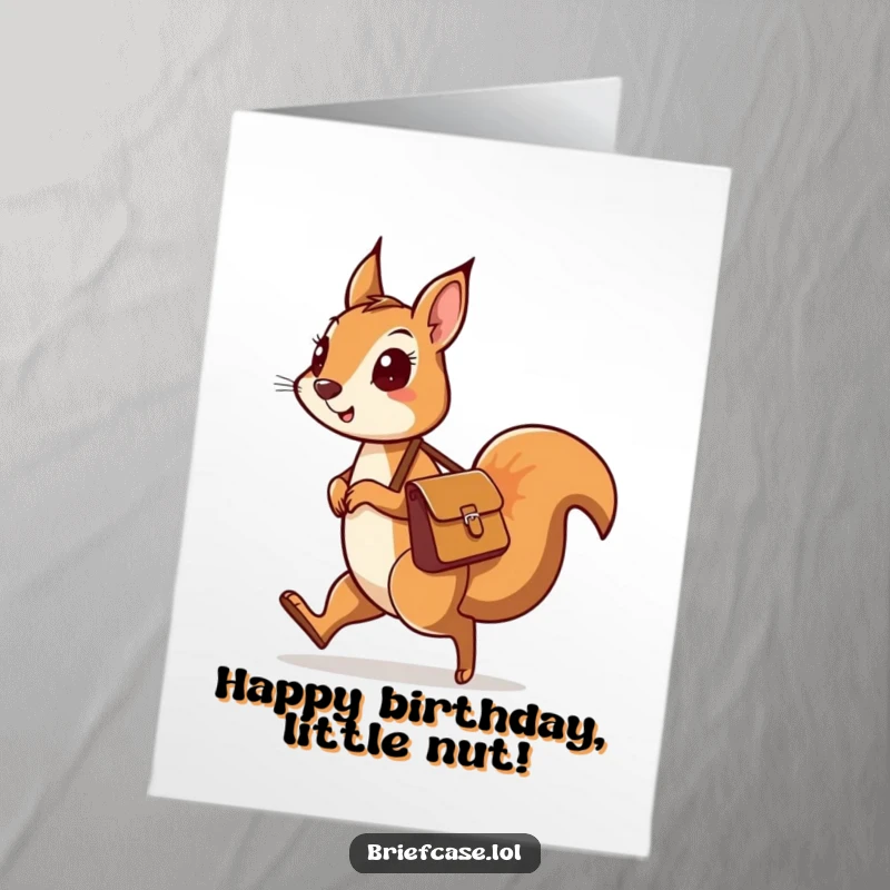 Funny Free Printable Birthday Card: A curious squirrel with a messenger bag skipping along joyfully.