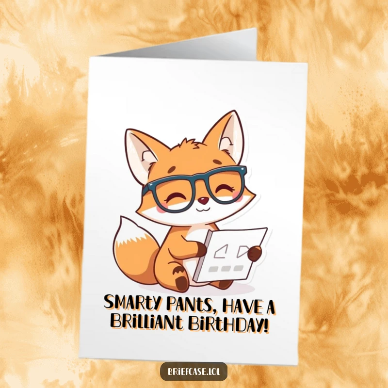Funny Free Printable Birthday Card: Clever fox in glasses studying a chart, conveying intellectual humor for your celebration.