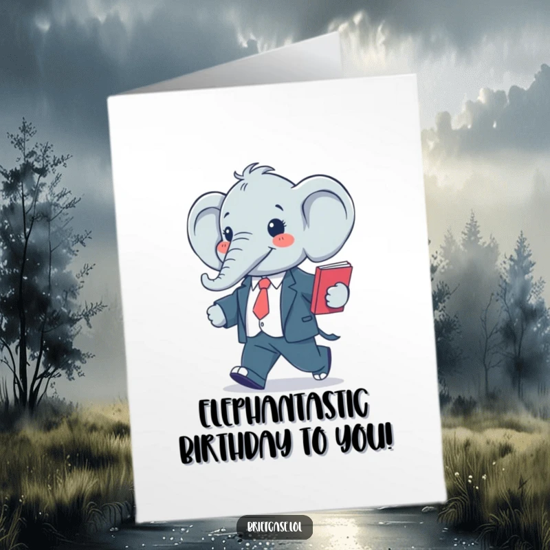 Funny free printable birthday card of a happy elephant in a suit striding with a folder, celebrating with business confidence.