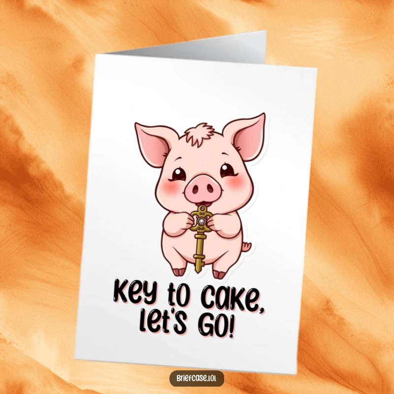 Funny Free Printable Birthday Card: A happy pig eagerly presents a small, ornate key, offering a quirky birthday wish.