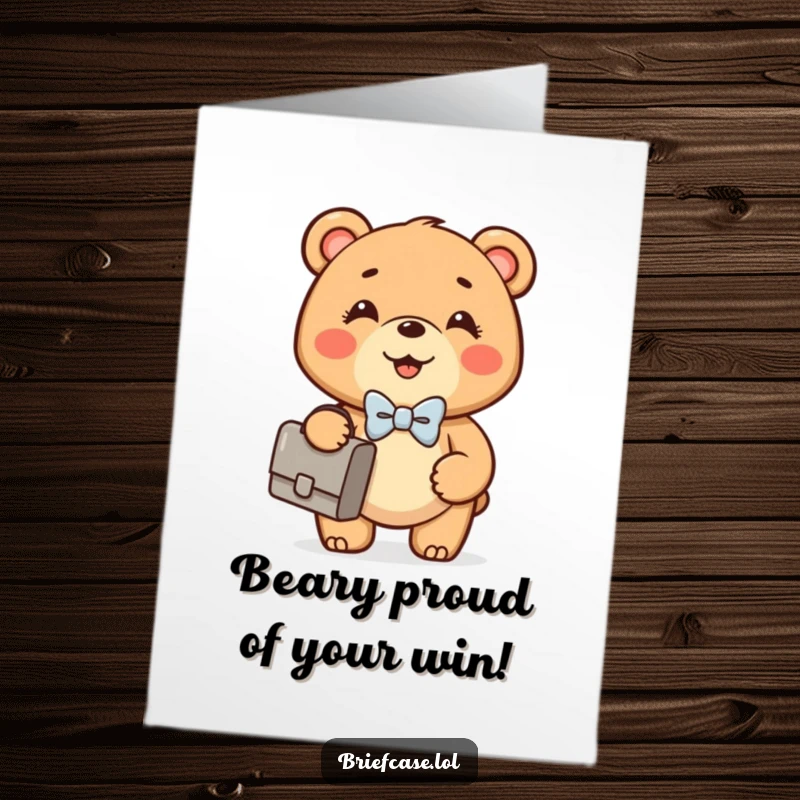Funny Free Printable Congrats Card: Bear cub in bowtie confidently holds briefcase, congratulatory humor, DIY downloadable.