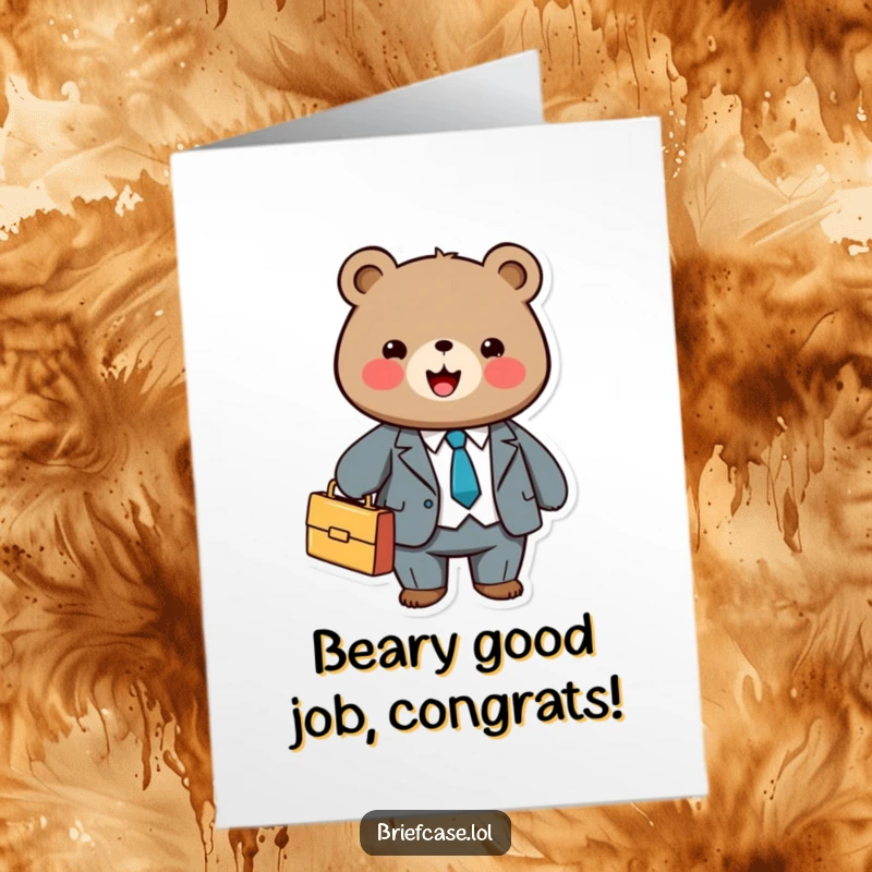 Funny free printable congratulations card featuring a bear in a suit holding a briefcase, celebrating a business success.