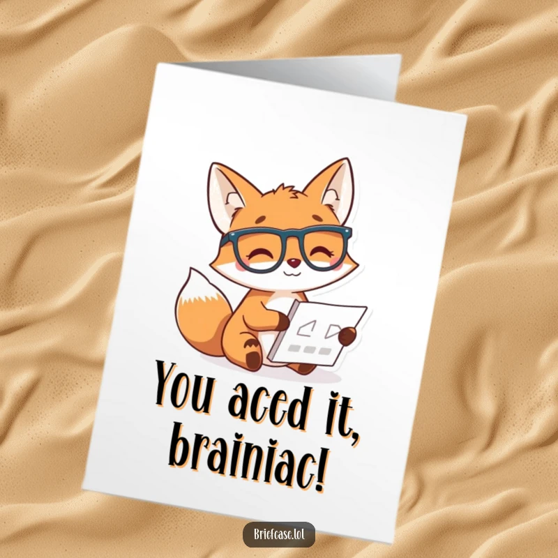 Funny Free Printable Congratulations Card: A smart fox with glasses and a chart, celebrating achievements with academic wit.