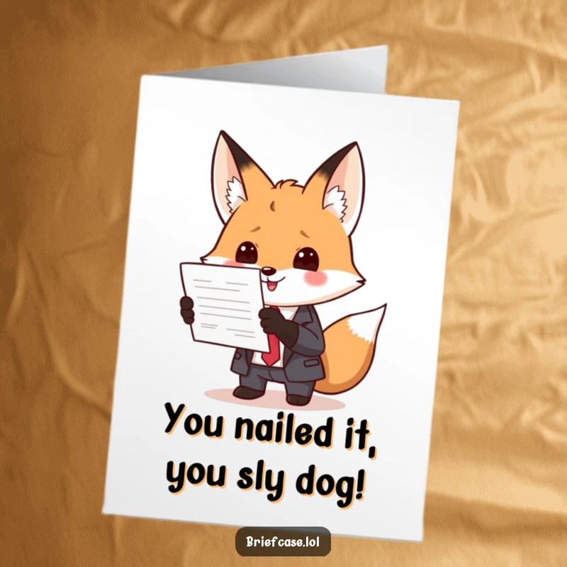 Funny Free Printable Fox in a suit triumphantly presents a document, perfect for congratulations.