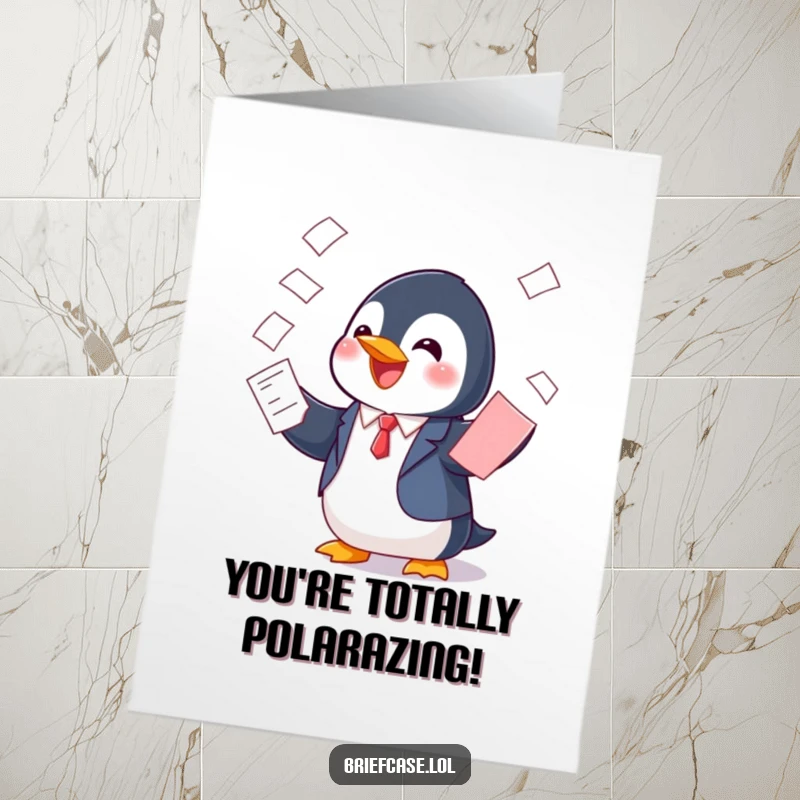 Funny Free Printable Penguin in a suit playfully balances papers, congratulating success.