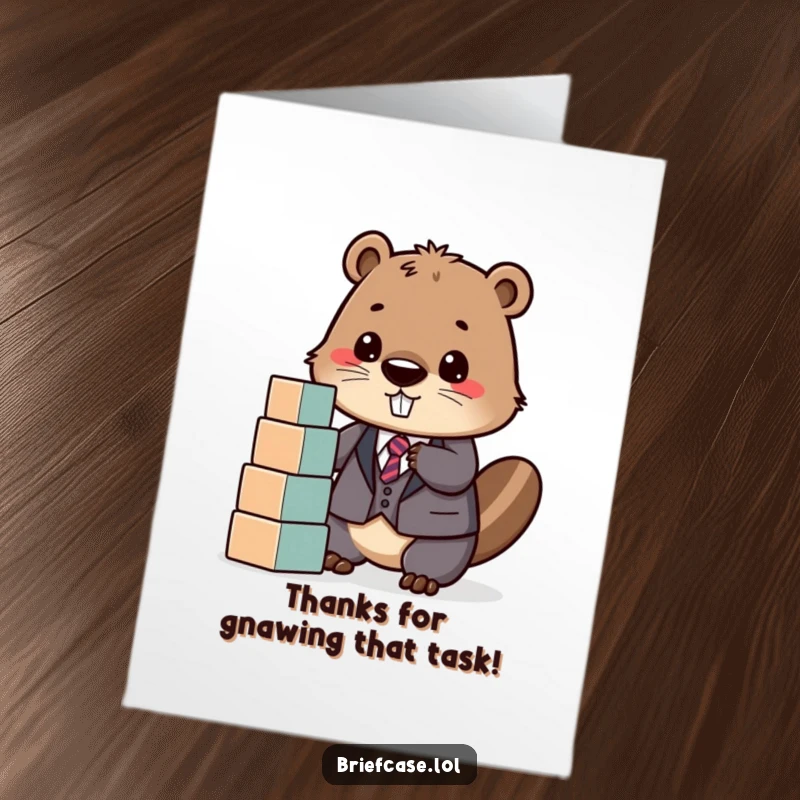 Funny Free Printable Beaver in a suit stacking blocks, offering a thankful gesture.