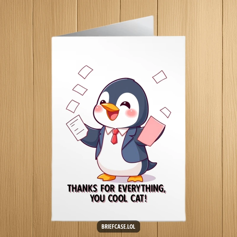 Funny Free Printable Penguin in a suit wobbles with papers, offering a thankful gesture.
