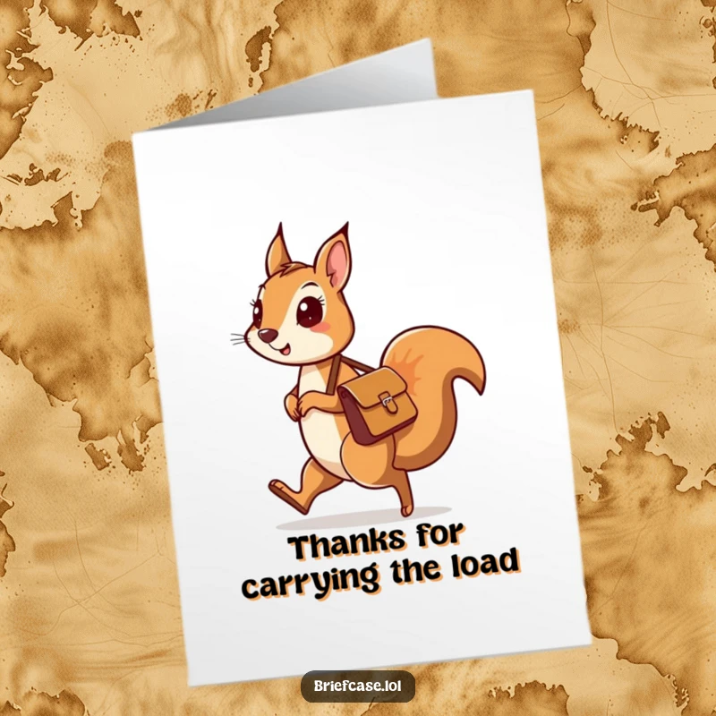 Funny Free Printable Thank You Card: A curious squirrel with a messenger bag skipping along, humorously showing thanks.