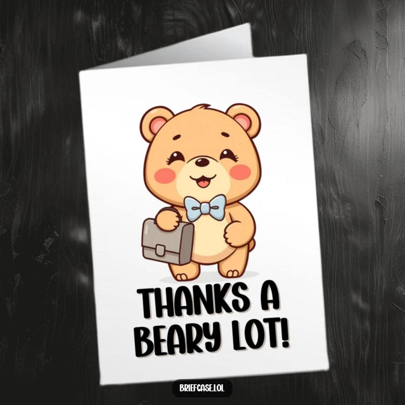 Funny Free Printable Thank You Card: Happy bear cub in bowtie holds briefcase, DIY downloadable gift.