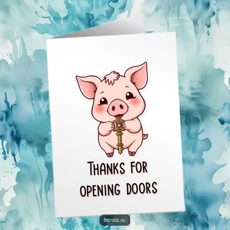 Funny Free Printable Thank You Card: A happy pig presenting a small, ornate key, humorously conveying thanks.