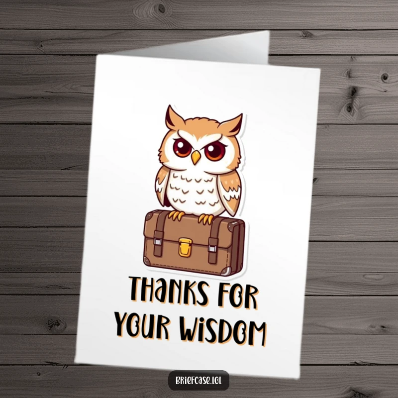 Funny Free Printable Thank You Card: A determined owl on a briefcase, looking astute, humorously conveying thanks.