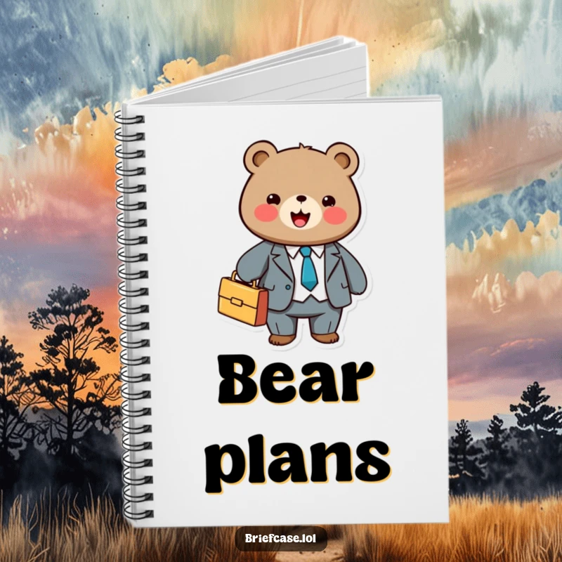 Funny notebook cover with a cute, round bear in a suit, holding a briefcase, ready to capture business ideas.