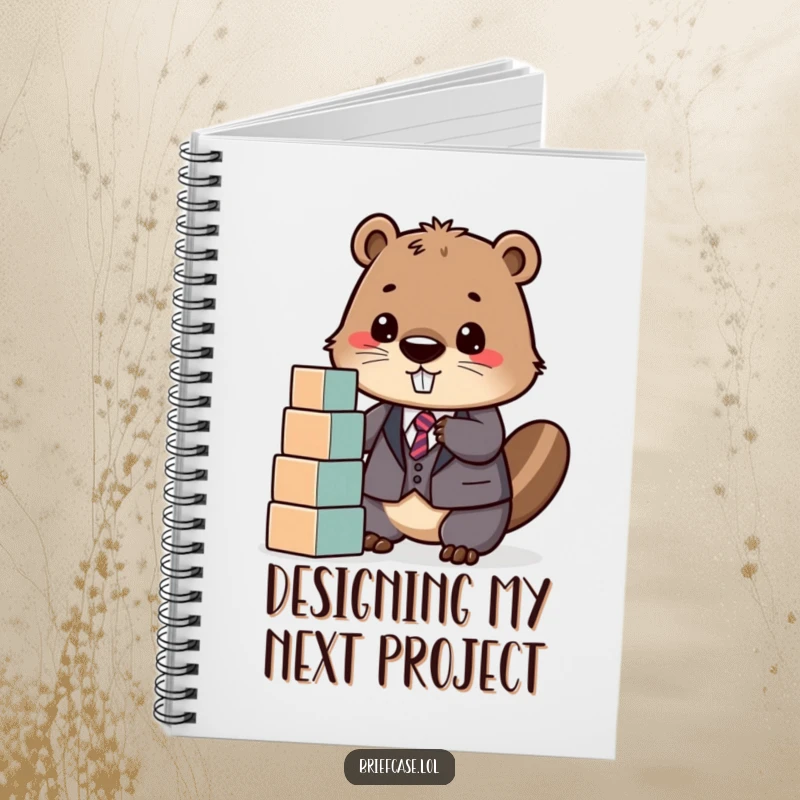 Funny notebook with a determined beaver in a suit, happily stacking blocks, designed for planning projects with humorous, constructive flair.