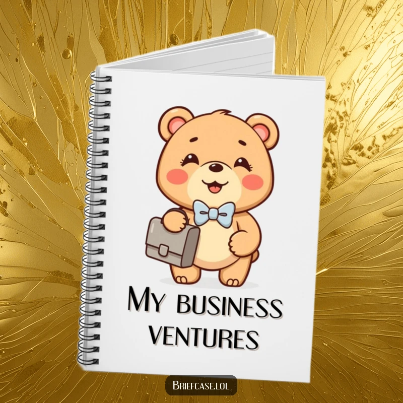 Funny Bear Cub notebook featuring a happy, round bear cub in a bowtie confidently holding a briefcase, ideal for notes.