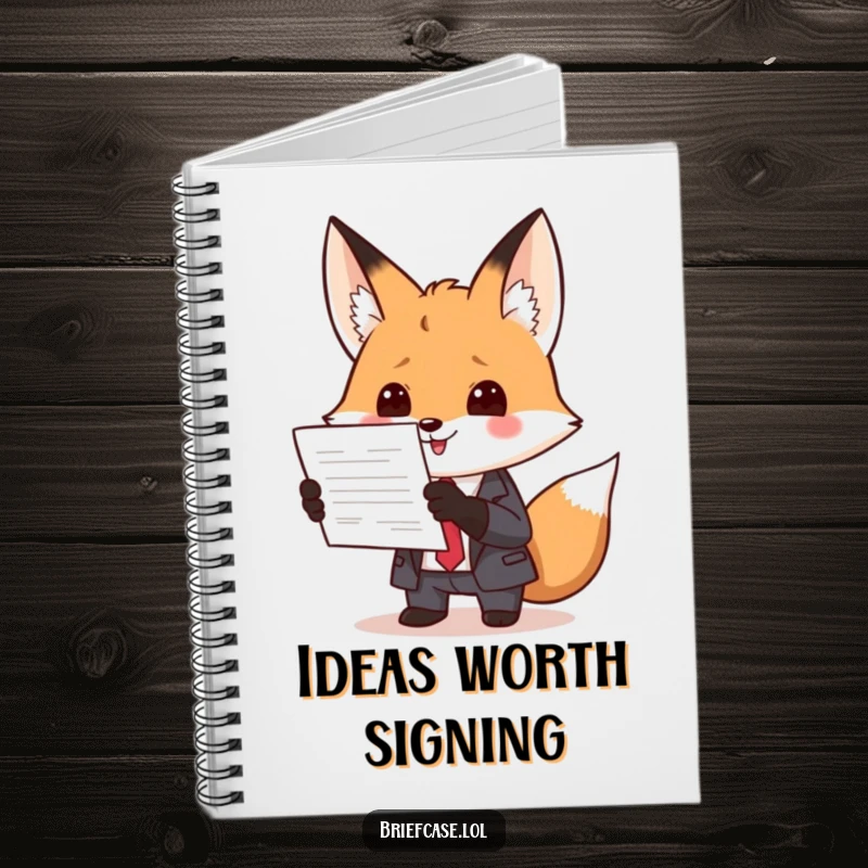 Funny notebook with a clever fox in a suit, enthusiastically presenting a document, designed for jotting down brilliant ideas with a humorous touch.