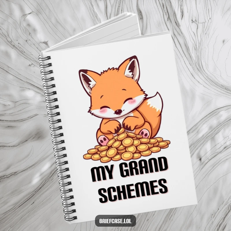 Funny fox notebook, playful animal meticulously sorting tiny coins with paws, ideal for note-taking and funny gifts.