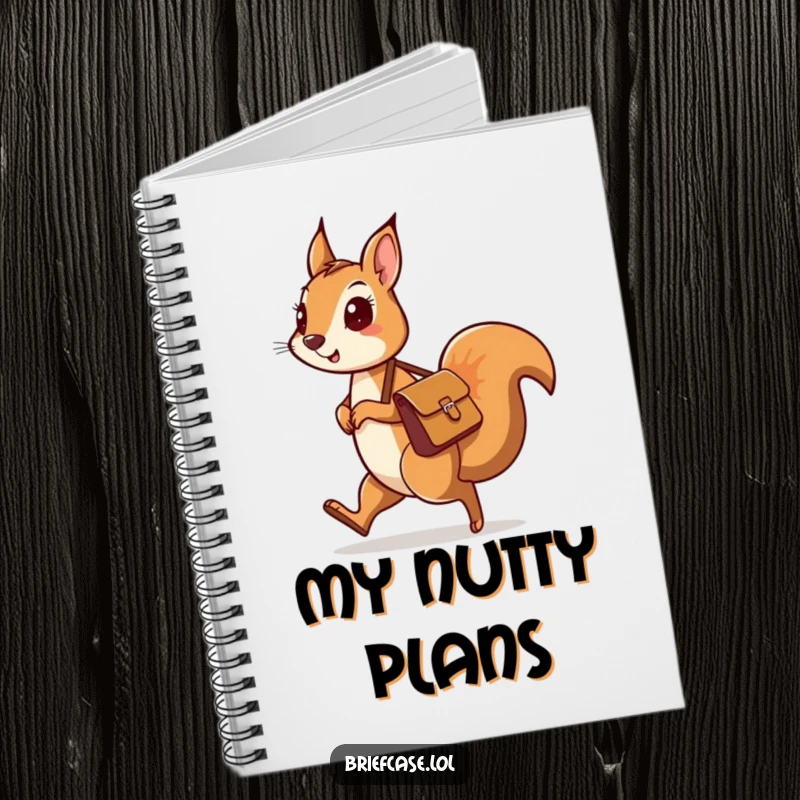 Funny notebook with a curious squirrel character and a messenger bag skipping along, perfect for noting down adventures.