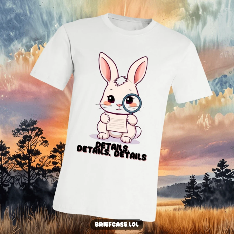 Funny rabbit t-shirt, curious animal with magnifying glass examining a document, looking astute and amused, great funny gift.