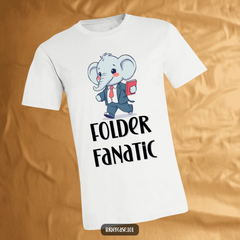 Funny t-shirt of a happy, stylized elephant in a suit, confidently striding forward with a folder in hand.