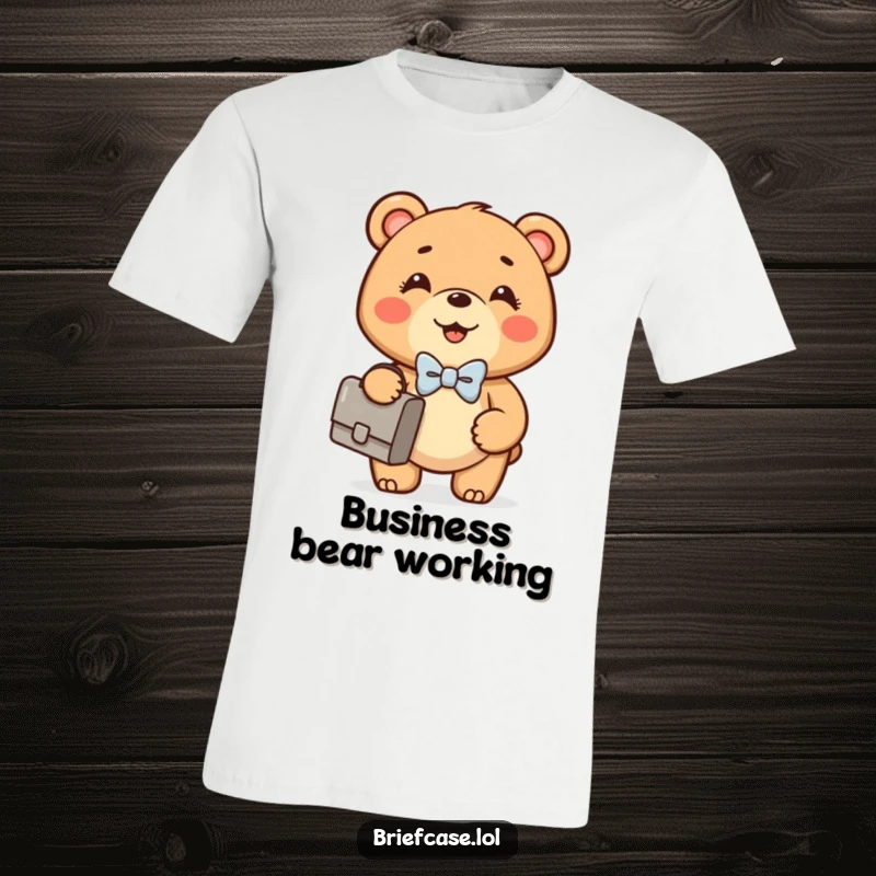 Funny Bear Cub t-shirt featuring a happy, round bear cub in a bowtie confidently holding a briefcase, great for professionals.