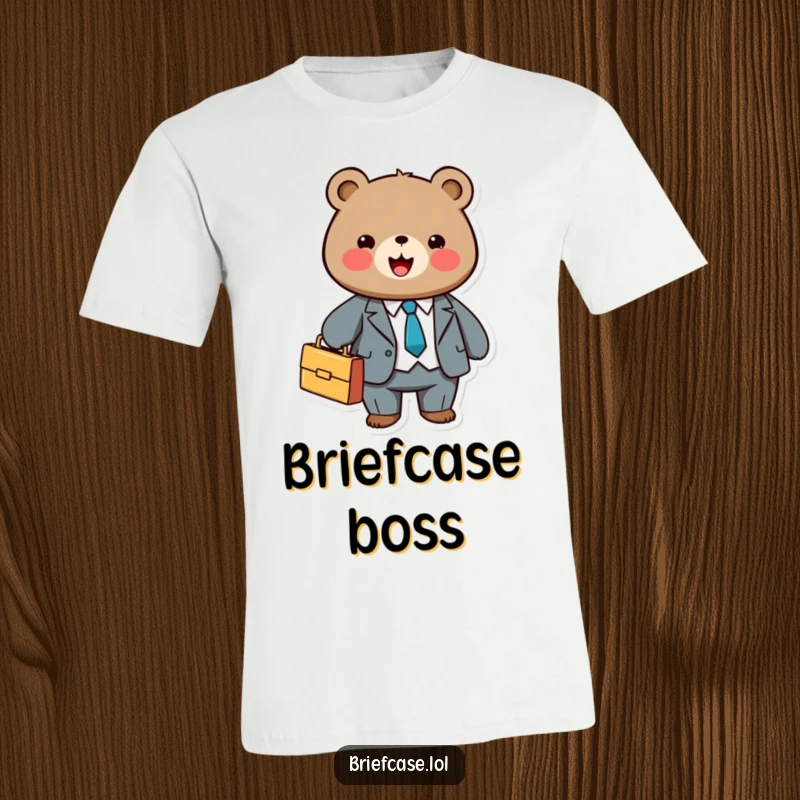 Funny t-shirt of a cute, round bear in a business suit, happily holding a briefcase, ready for meetings.