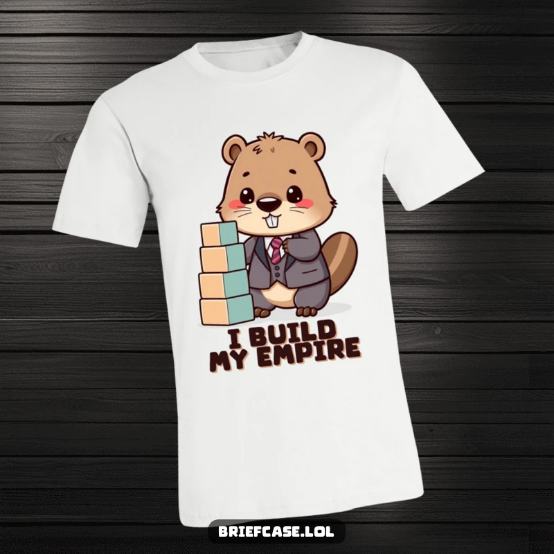 Funny T-shirt depicting a determined beaver in a suit, happily stacking building blocks, celebrating ambition and joyful creation.