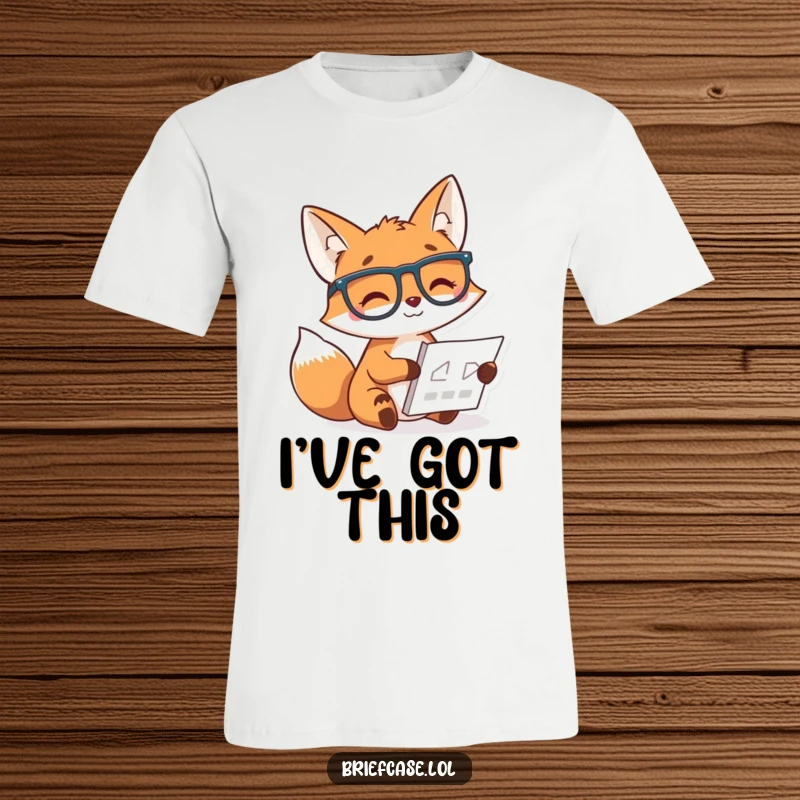 Funny t-shirt with a cheerful fox wearing glasses, smiling as it studies a small chart, perfect for study buddies.