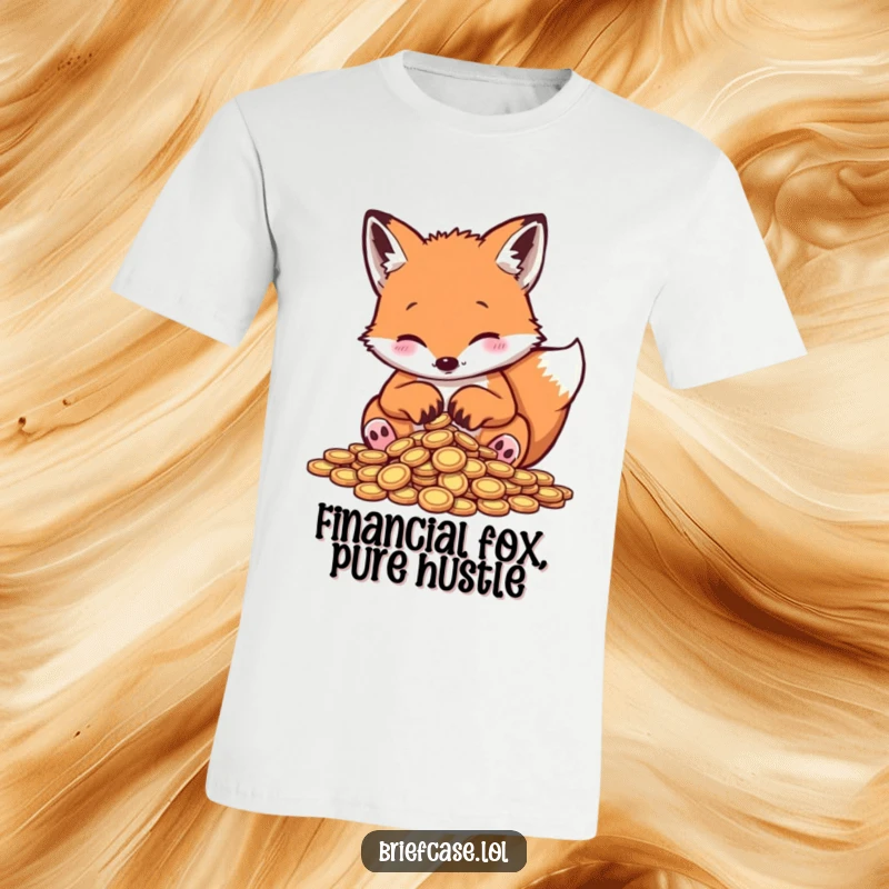 Funny fox t-shirt, playful animal counting small coins with paws, looking astute and amused, perfect funny gift.