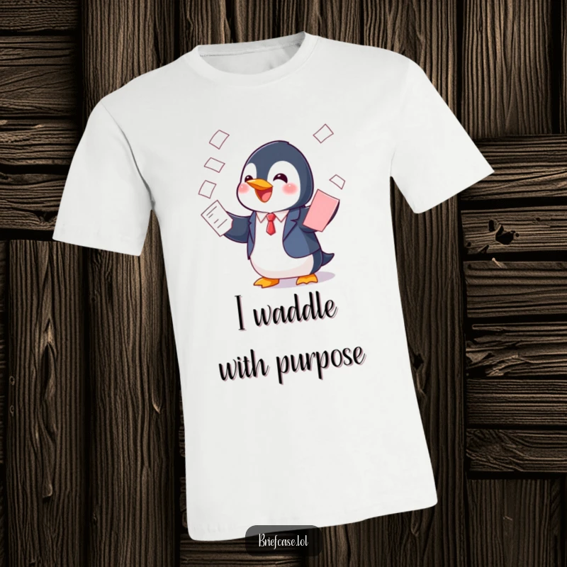 Funny T-shirt depicting a cheerful penguin in a suit, playfully balancing a stack of papers, symbolizing organized and humorous multitasking.