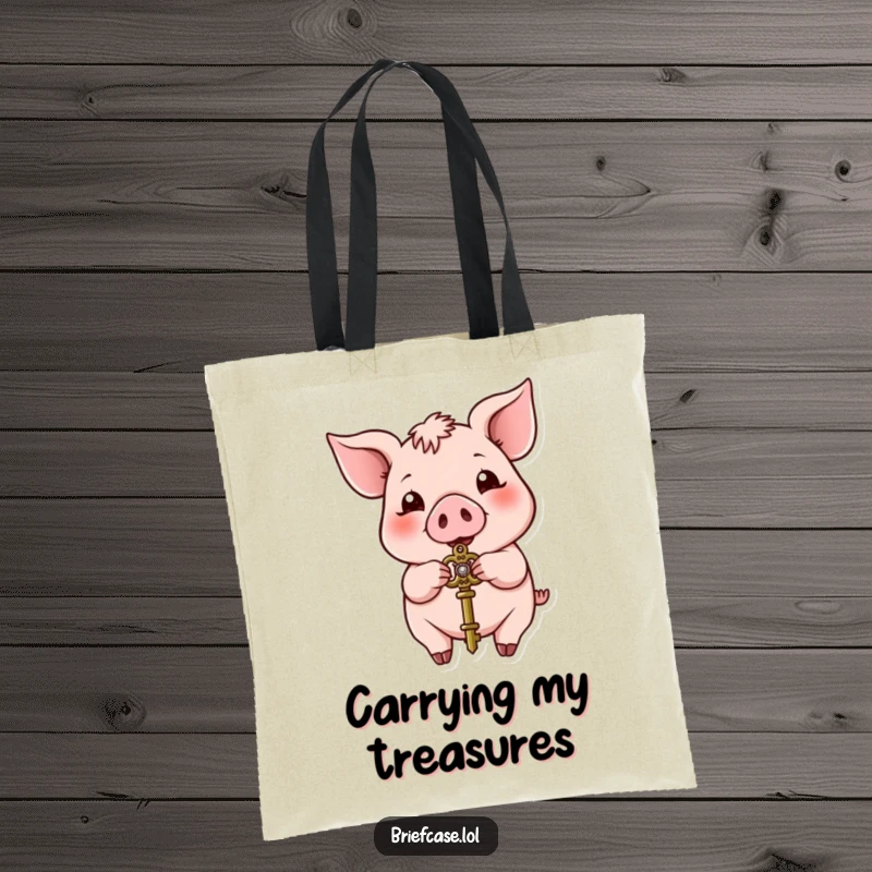Funny pig tote bag, happy animal presenting a small ornate key, perfect for carrying essentials and funny gifts.