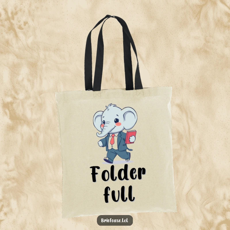 Funny tote bag with a happy, stylized elephant in a suit, confidently striding with a folder, ready for business.