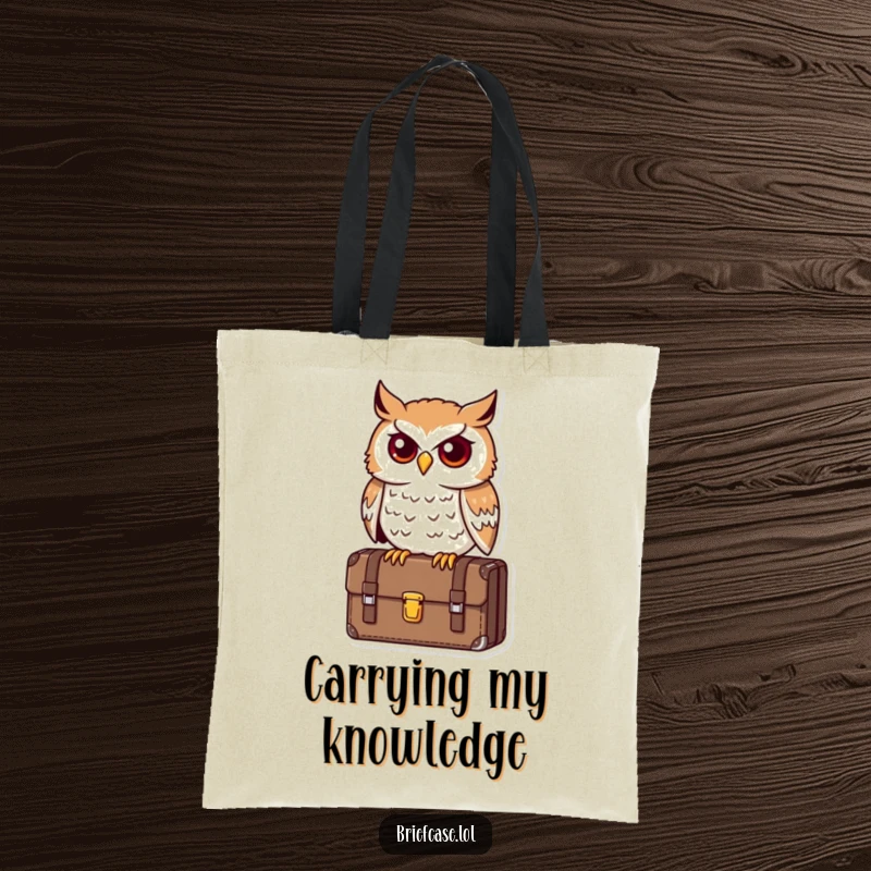Funny owl tote bag, determined bird perched on a briefcase, looking astute, perfect for carrying documents and funny gifts.
