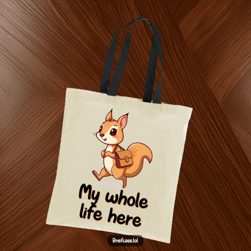 Funny tote bag showing a curious squirrel character with a messenger bag skipping along, ready to carry discoveries.